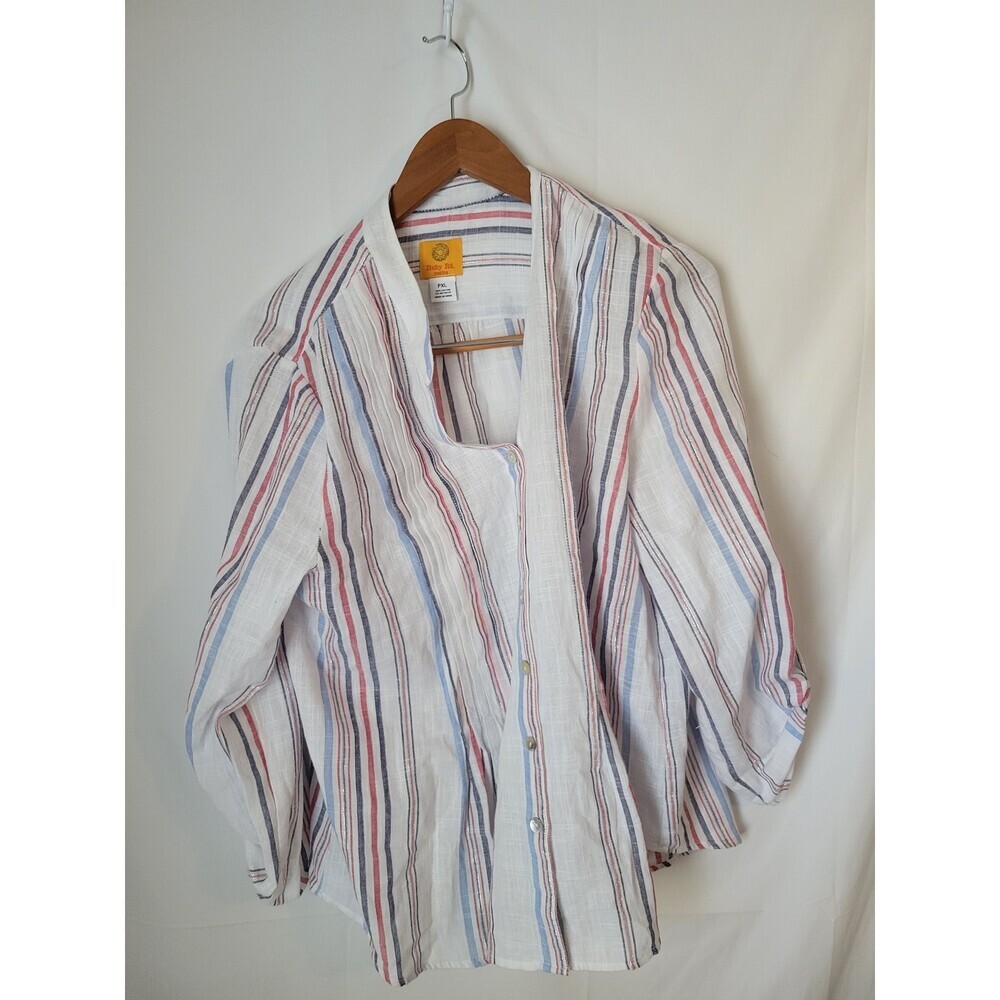 Ruby Rd Petite PXL Striped Button Up Blouse Top White Red Blue Metallic Roll Tab